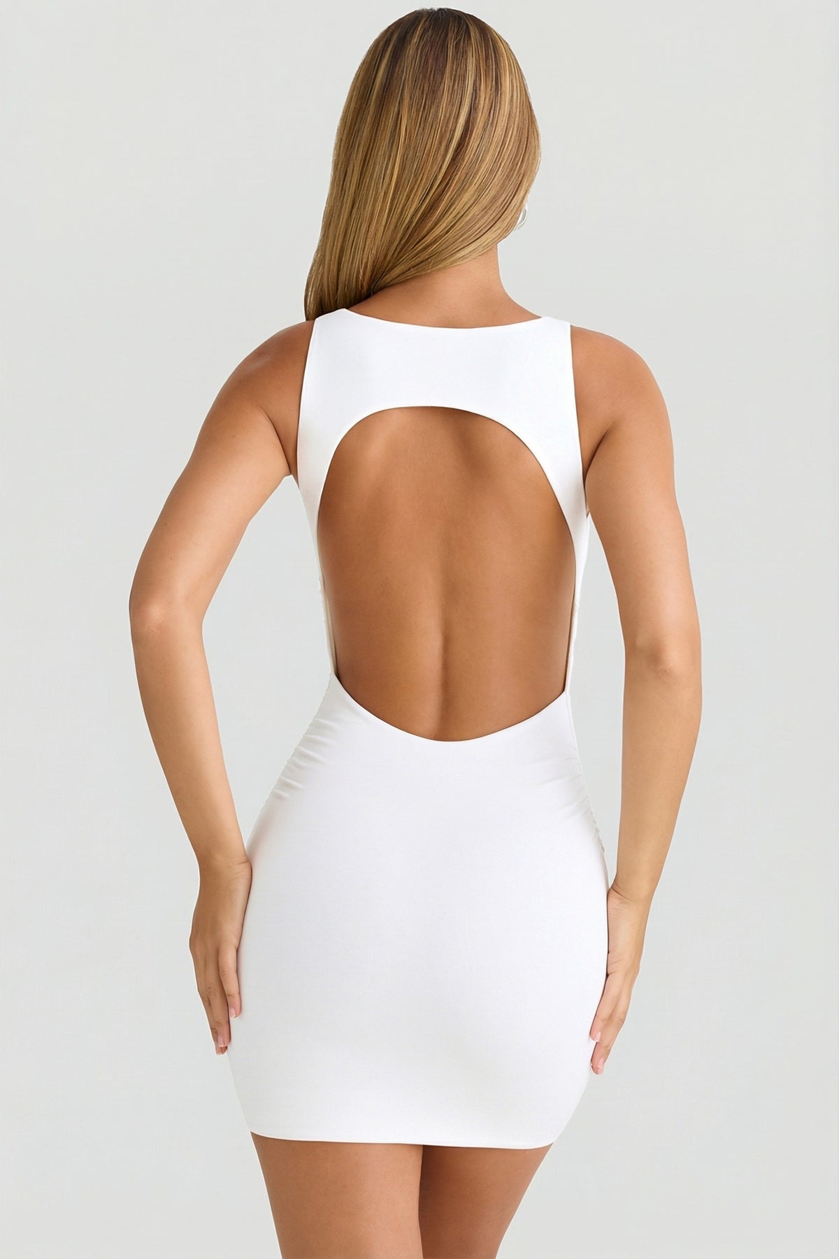 Chic Modal High-Neck Open-Back Mini Dress in White