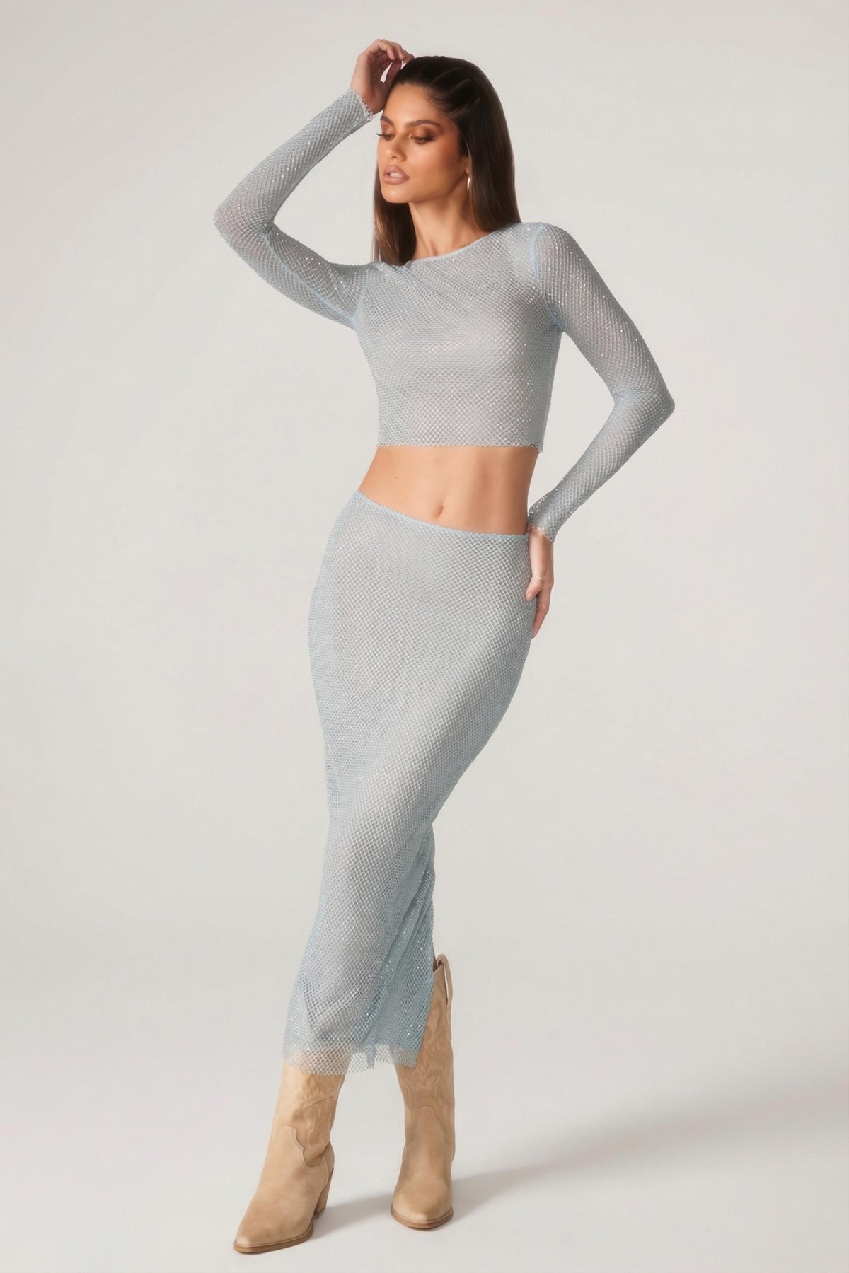 Chic Embellished Long Sleeve Top in Aqua