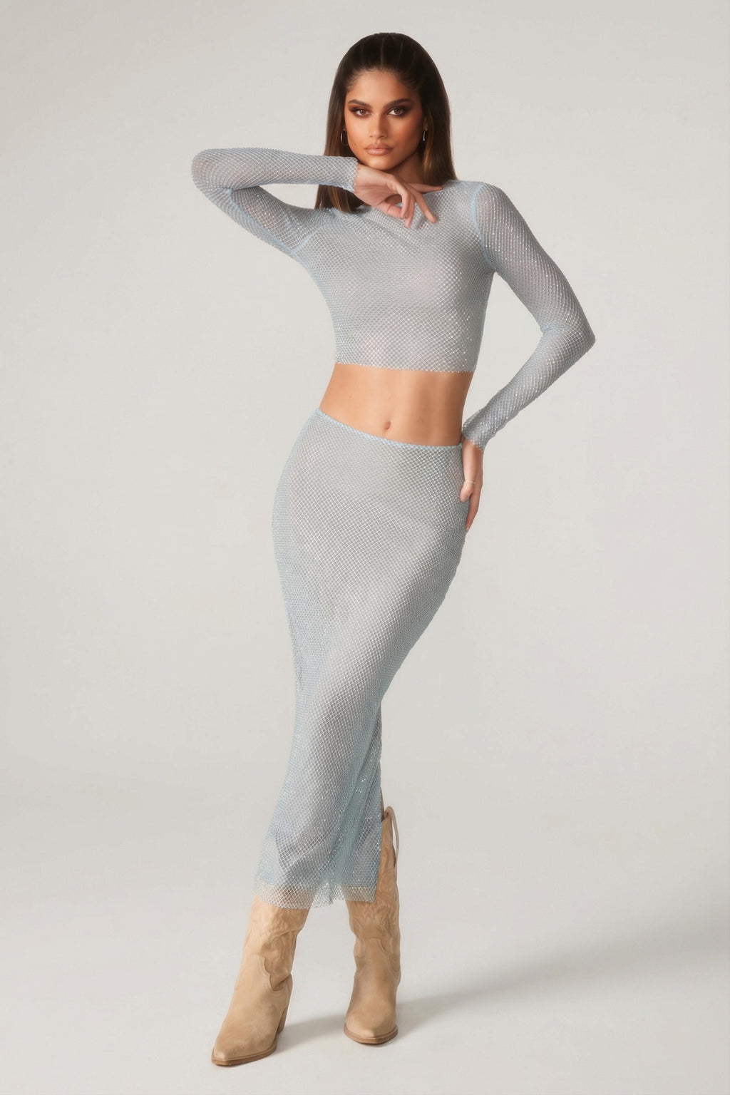 Chic Embellished Long Sleeve Top in Aqua