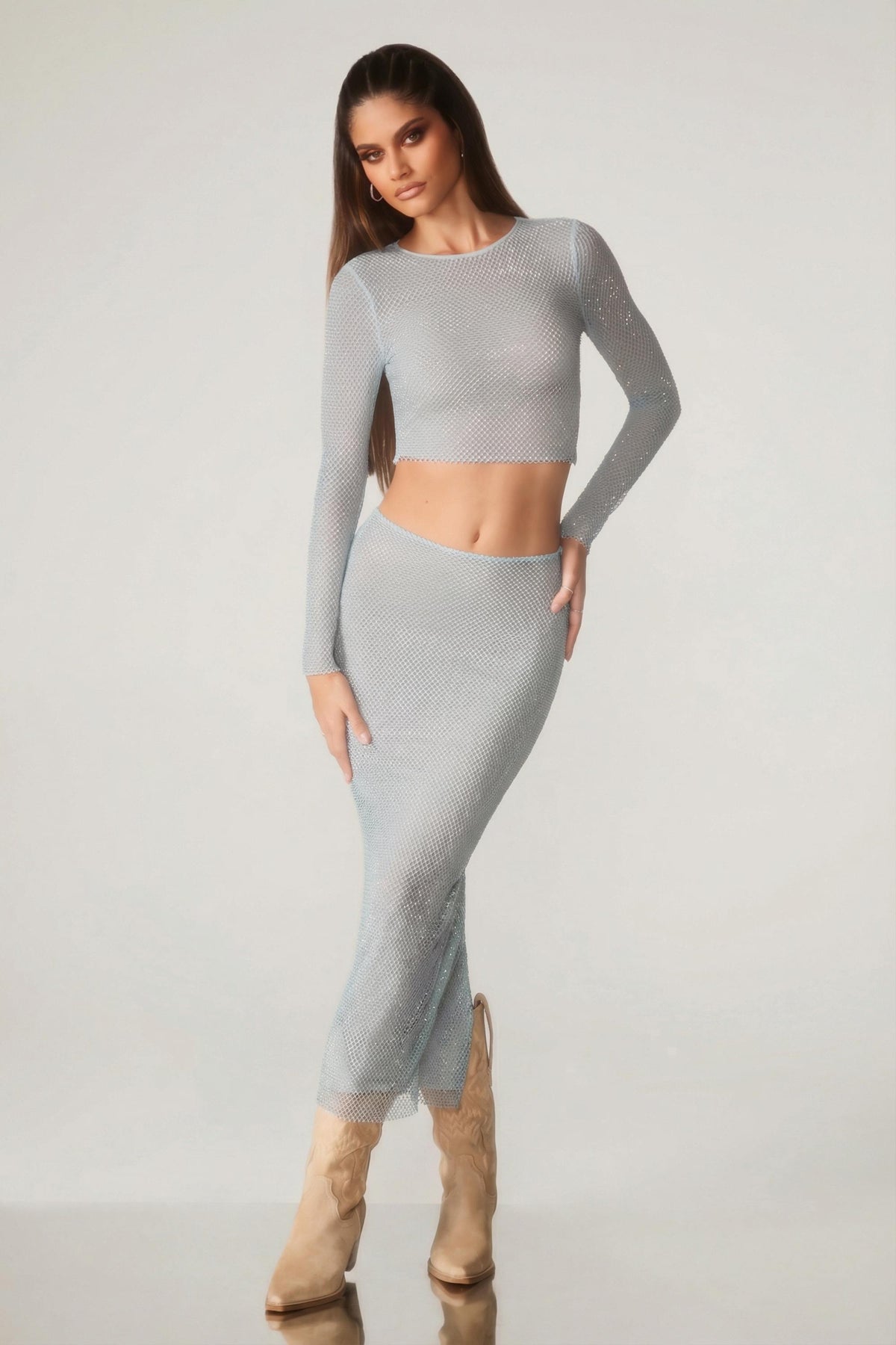 Chic Embellished Long Sleeve Top in Aqua