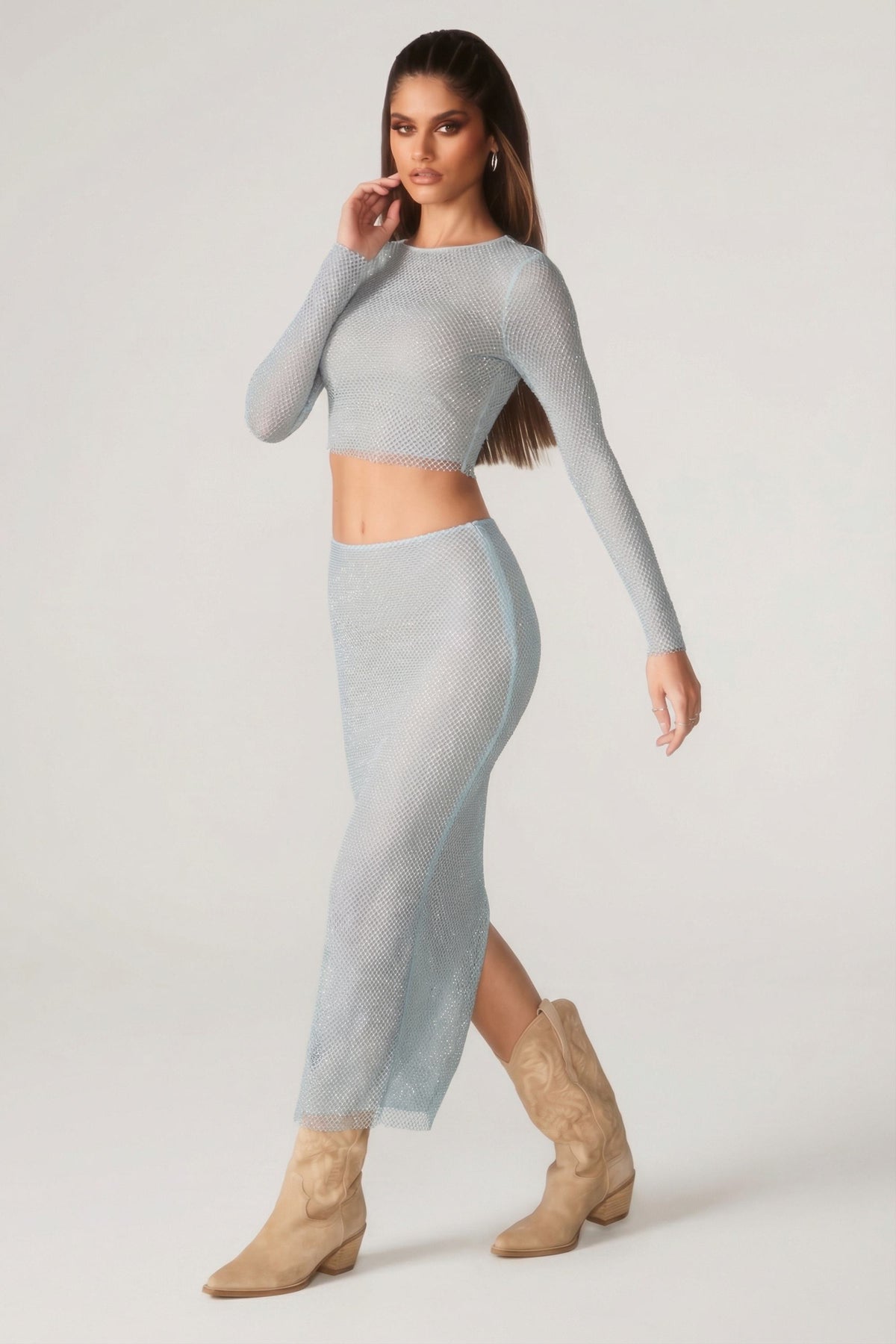 Chic Embellished Long Sleeve Top in Aqua
