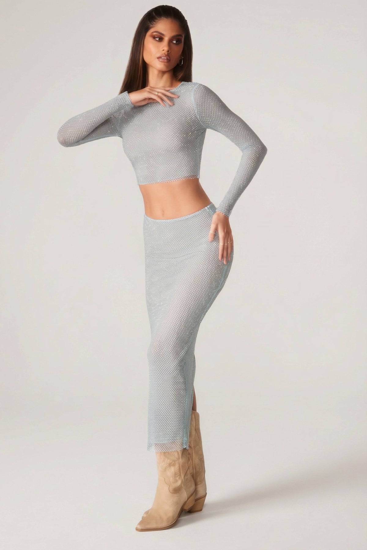 Chic Embellished Long Sleeve Top in Aqua