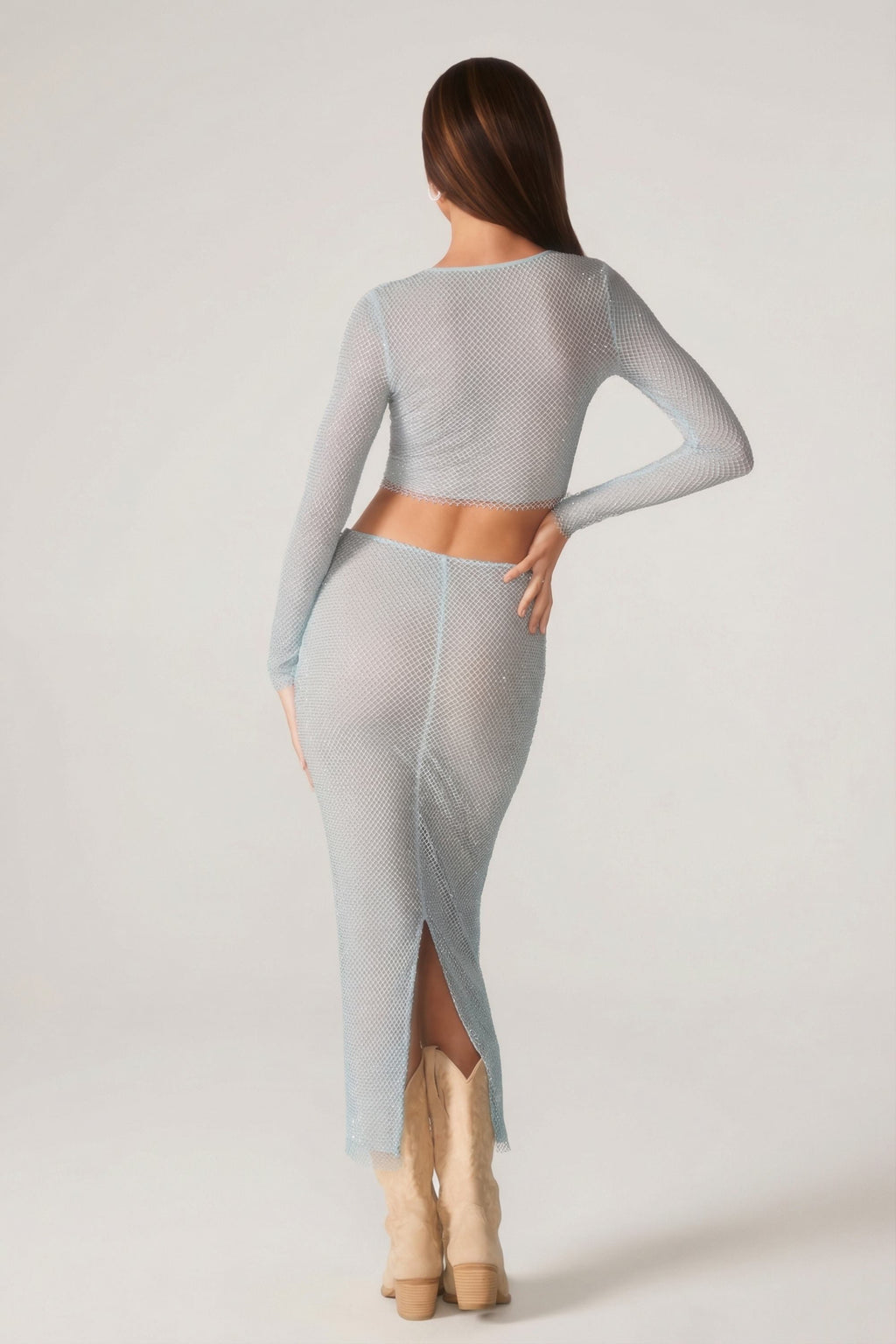 Chic Embellished Long Sleeve Top in Aqua