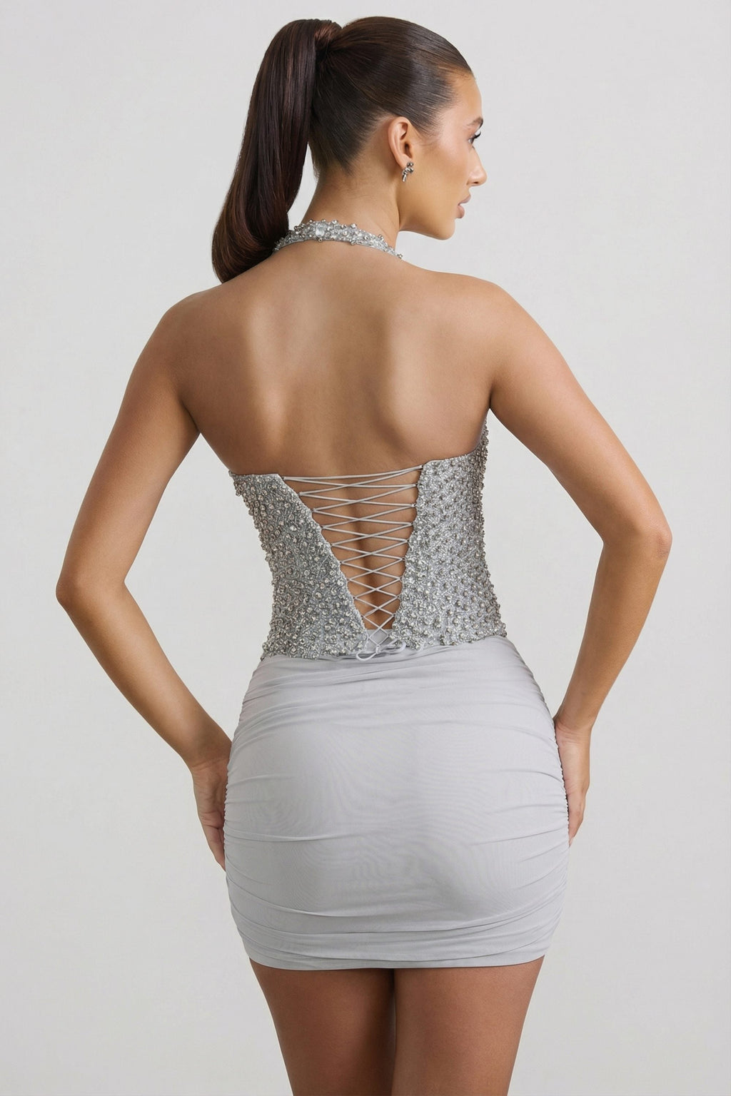 Chic Ruched Mid-Rise Mini Skirt in Silver