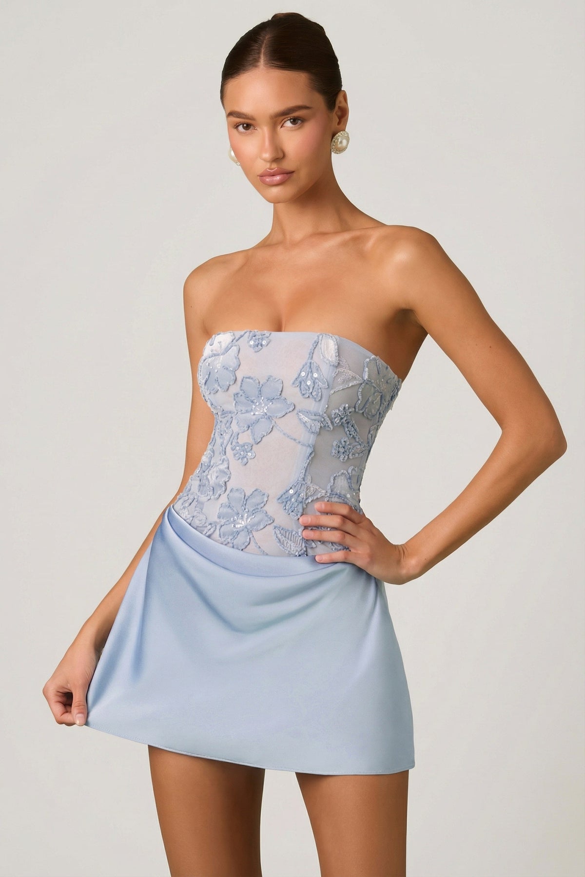 Chic Embellished Draped Strapless A-Line Mini Dress in Sky Blue