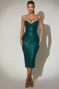 Chic Embellished Sweetheart-Neck Midi Dress in Teal Green