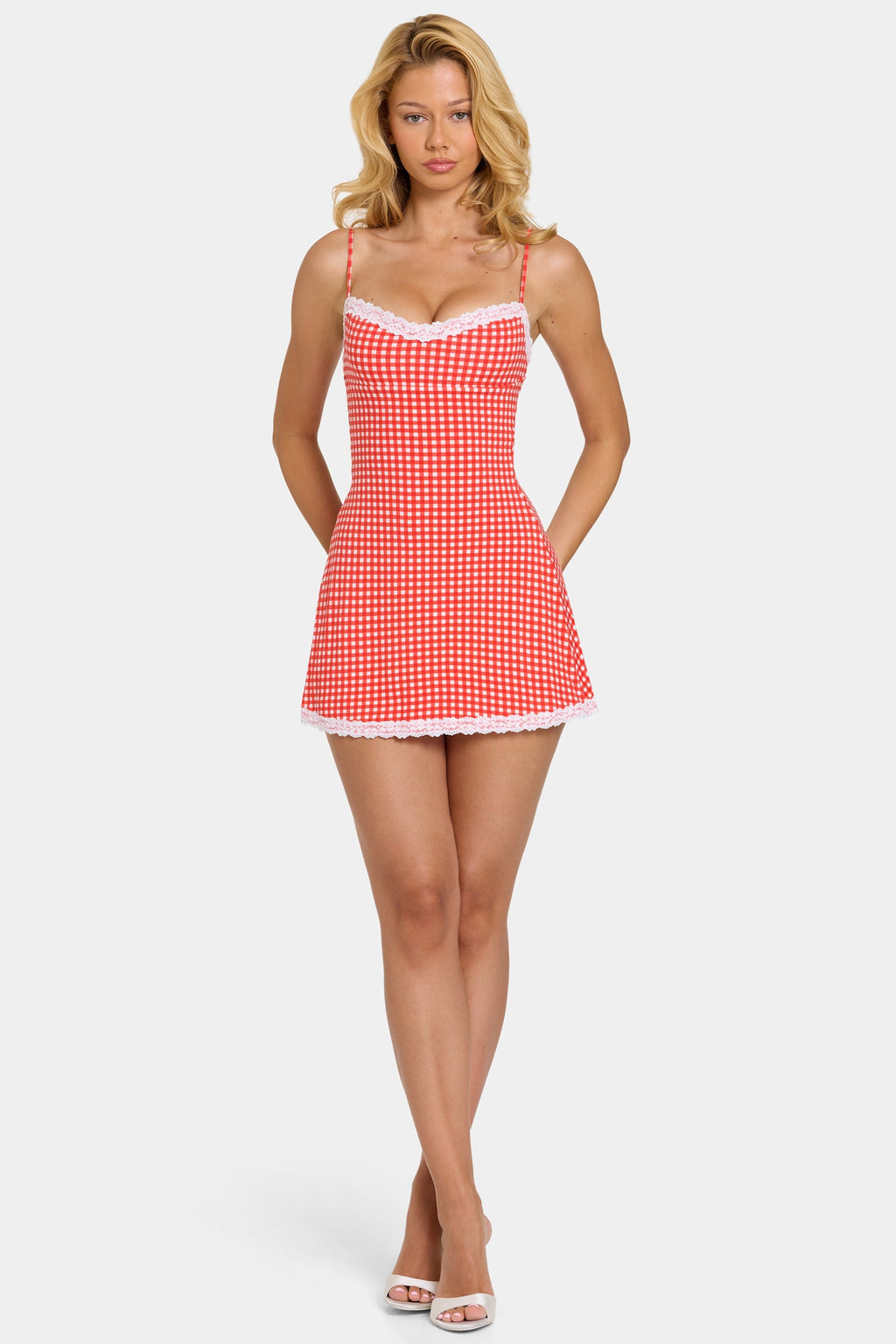 Chic Modal Lace-Trim Mini Dress in Red Gingham