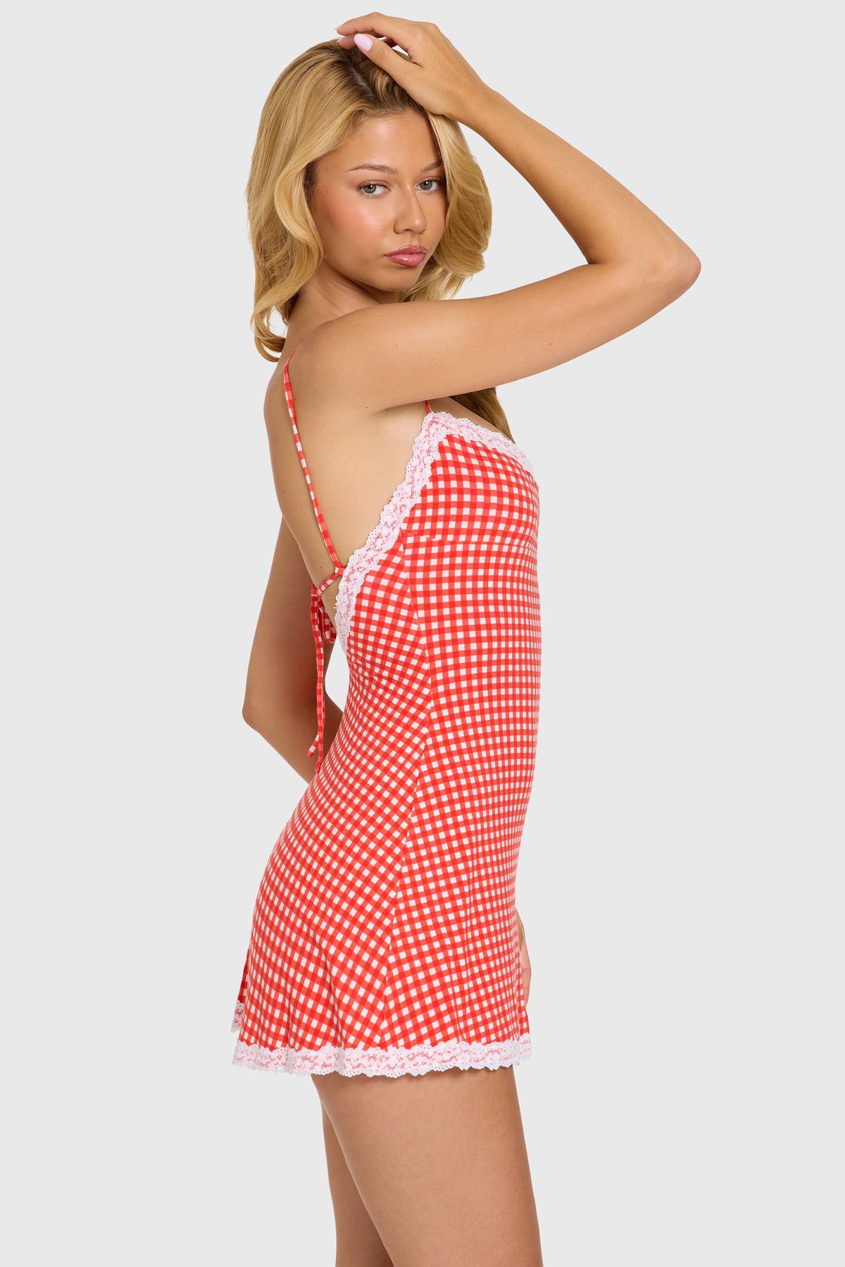 Chic Modal Lace-Trim Mini Dress in Red Gingham