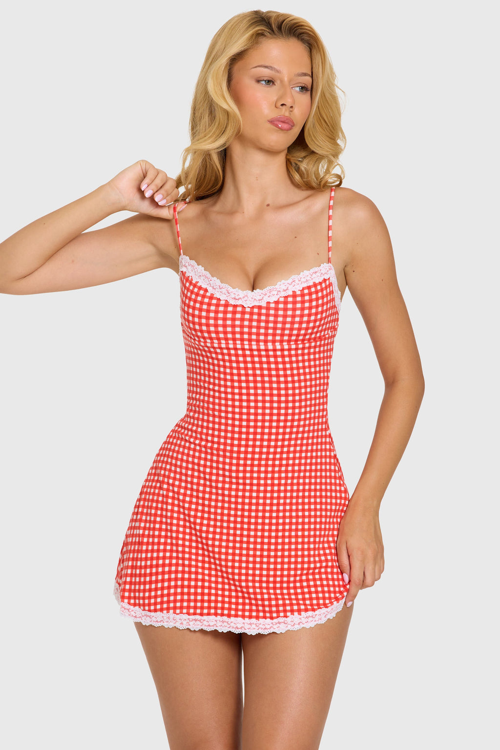 Chic Modal Lace-Trim Mini Dress in Red Gingham