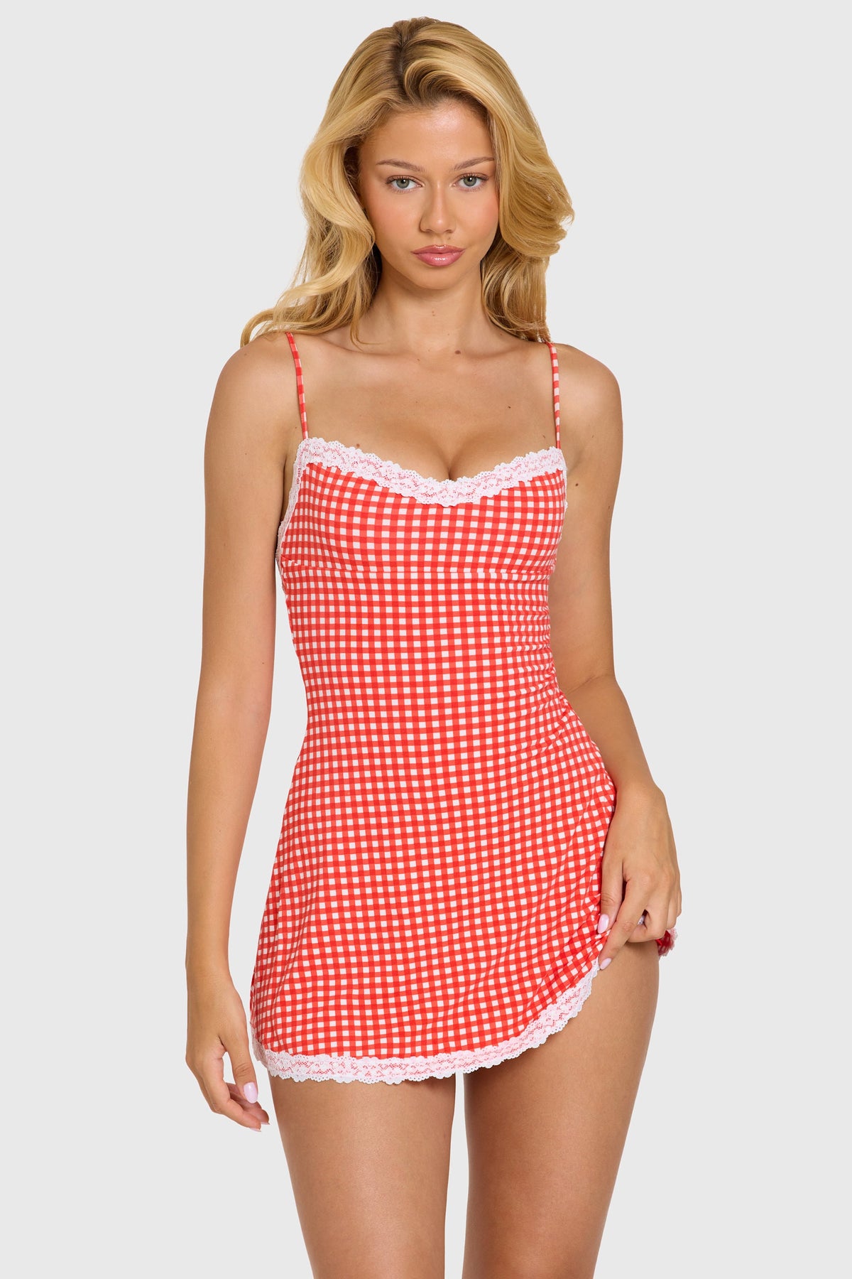 Chic Modal Lace-Trim Mini Dress in Red Gingham