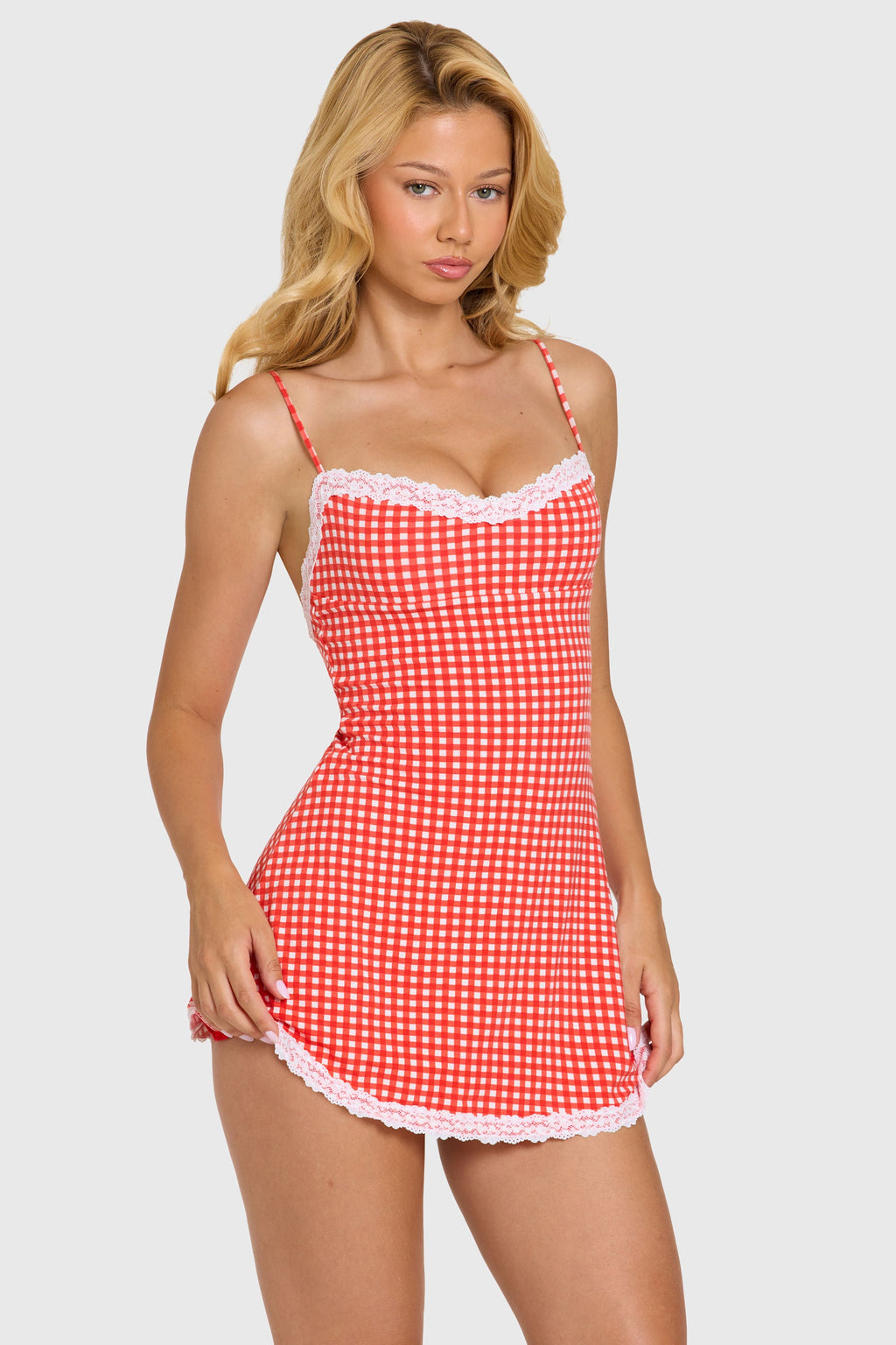 Chic Modal Lace-Trim Mini Dress in Red Gingham