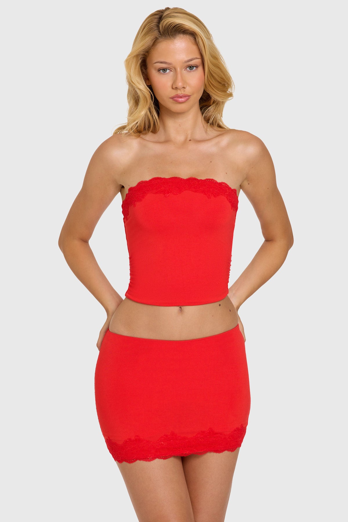 Chic Modal Lace-Trim Bandeau Top in Cherry