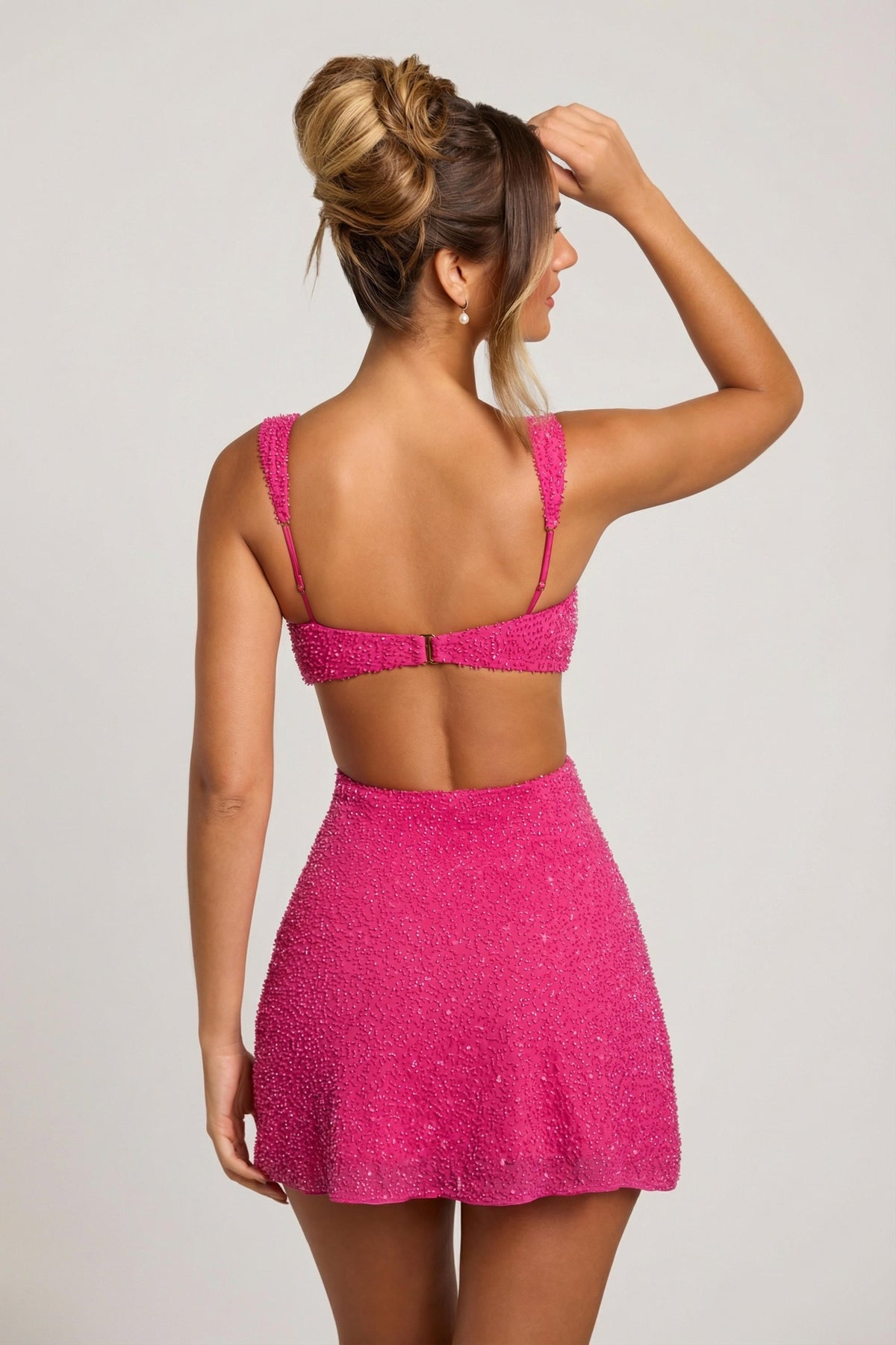 Chic Embellished Cut Out Mini Dress in Fuschia