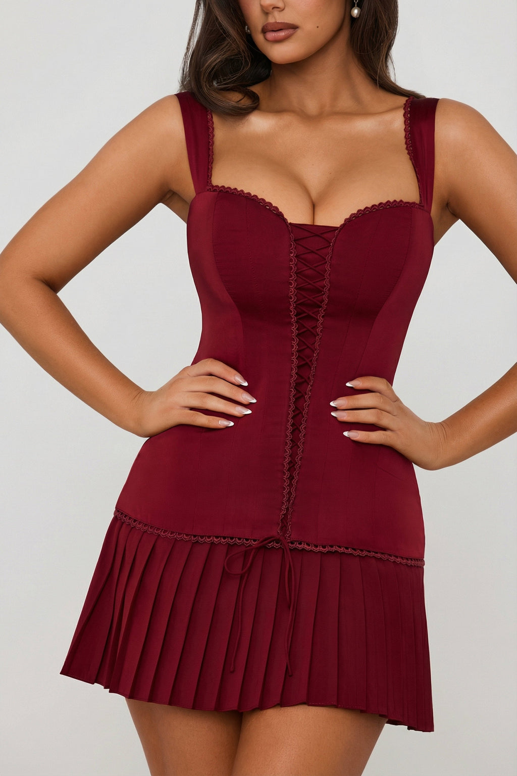 Chic Bow-Detail Lace-Up Corset Mini Dress in Berry Red