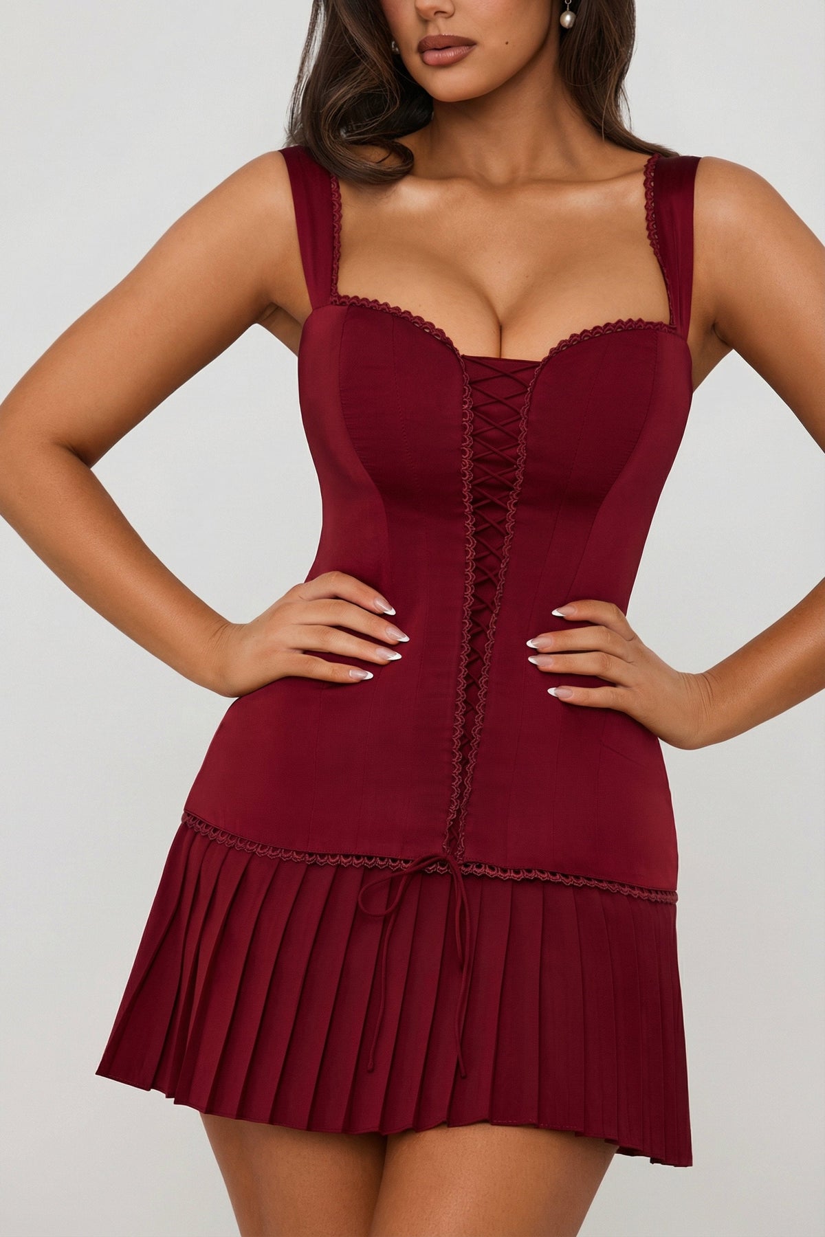 Chic Bow-Detail Lace-Up Corset Mini Dress in Berry Red