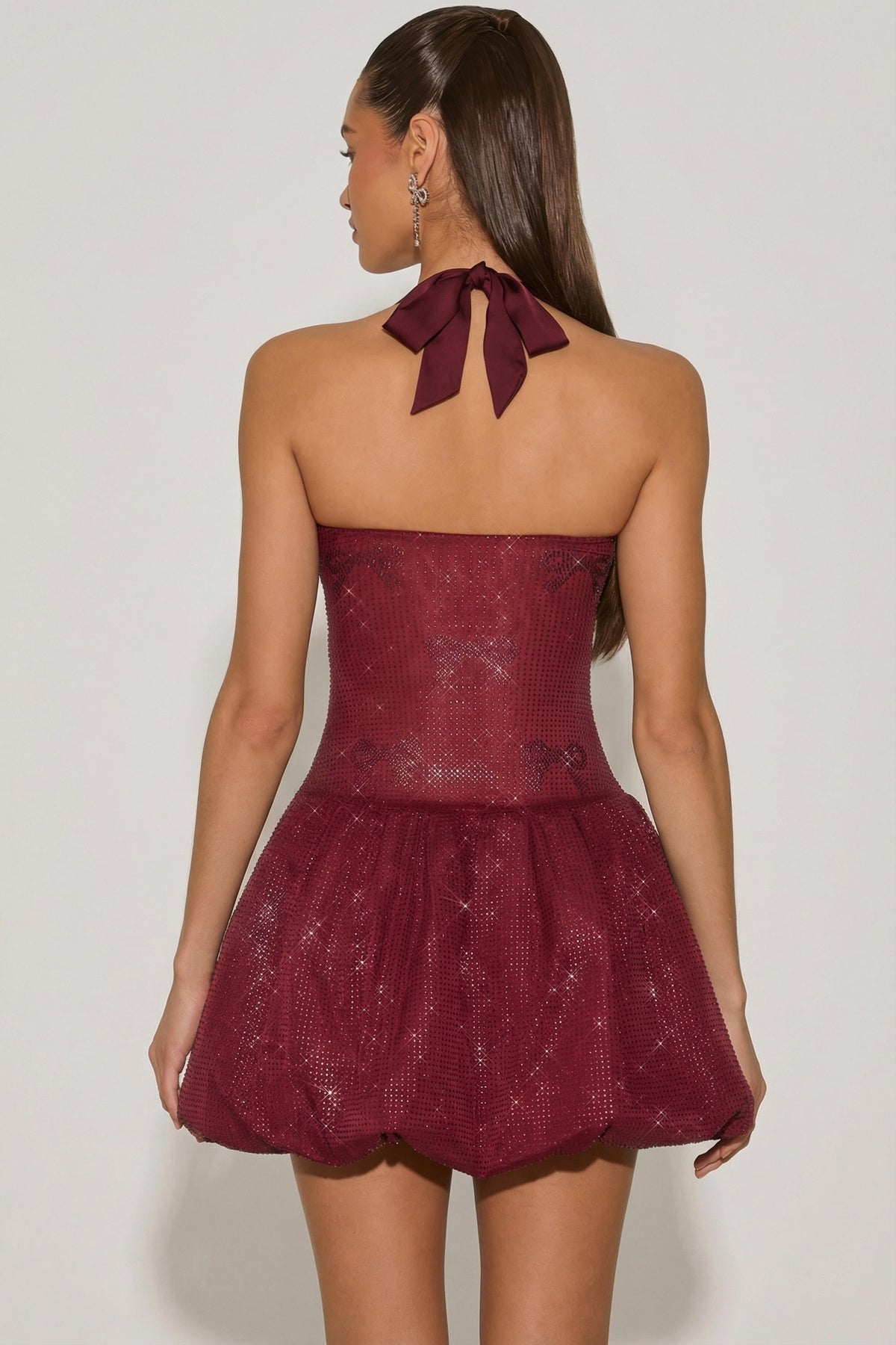 Chic Embellished Halterneck Bubble Hem Mini Dress in Wine Red