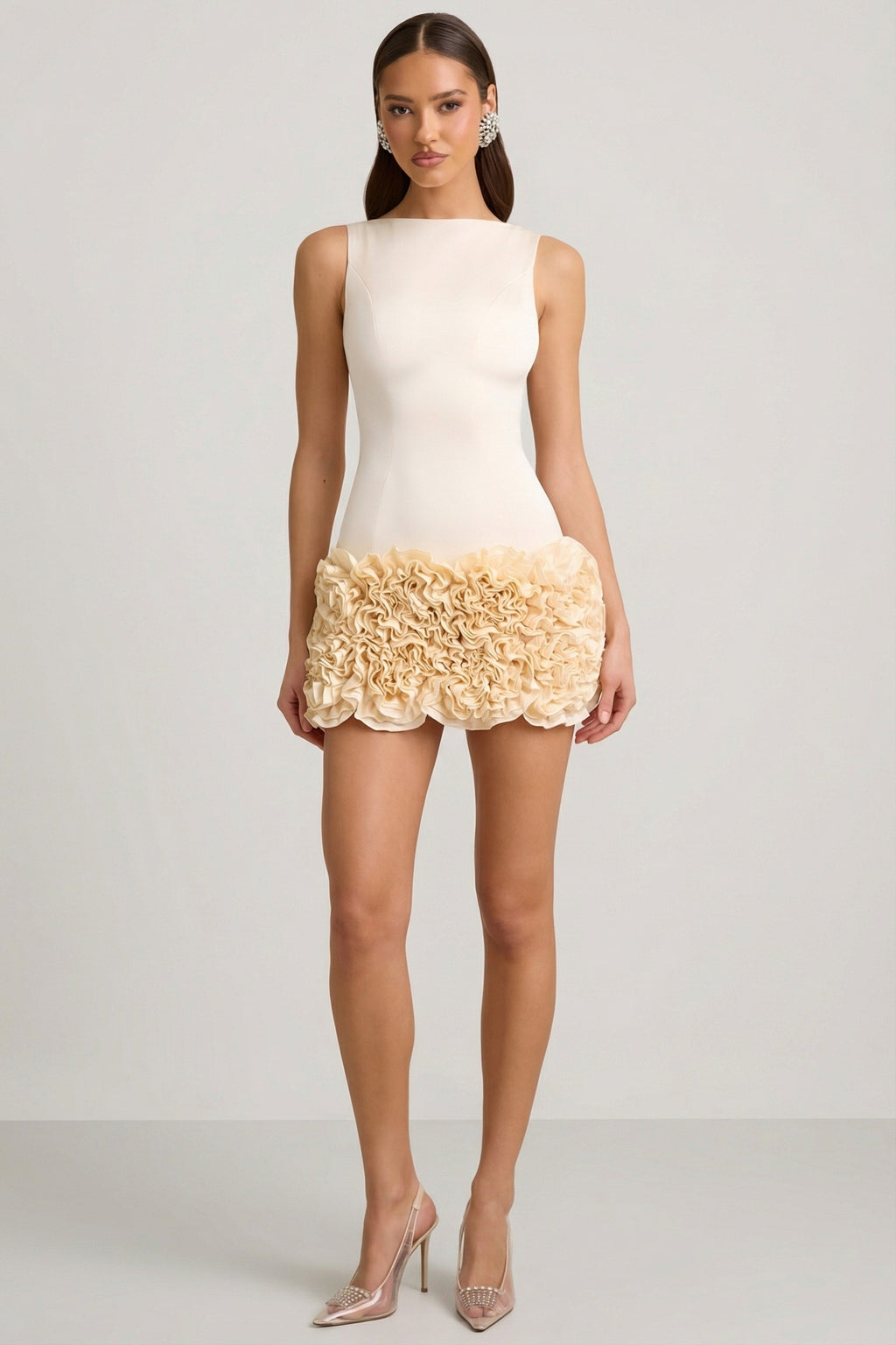 Chic Satin Floral Appliqué Open-Back Mini Dress in Ivory