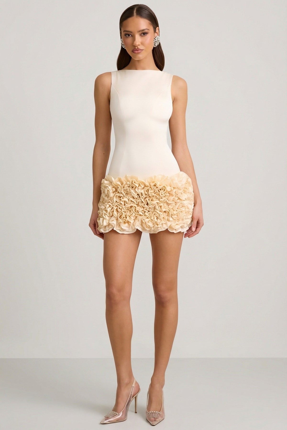 Chic Satin Floral Appliqué Open-Back Mini Dress in Ivory