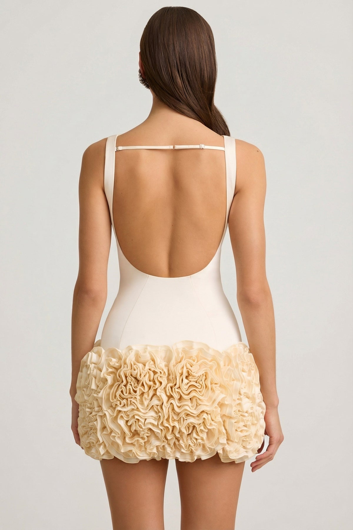 Chic Satin Floral Appliqué Open-Back Mini Dress in Ivory