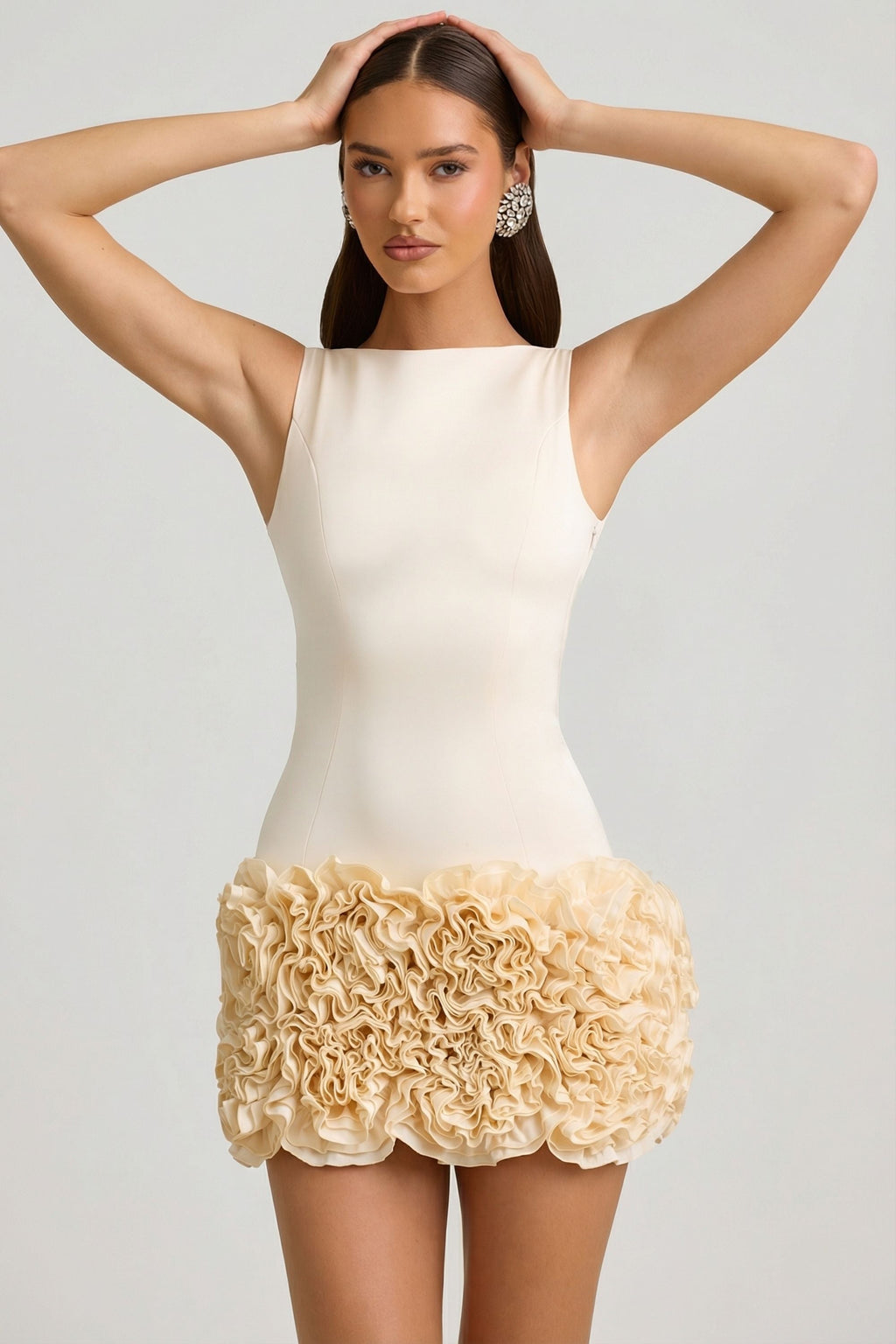 Chic Satin Floral Appliqué Open-Back Mini Dress in Ivory