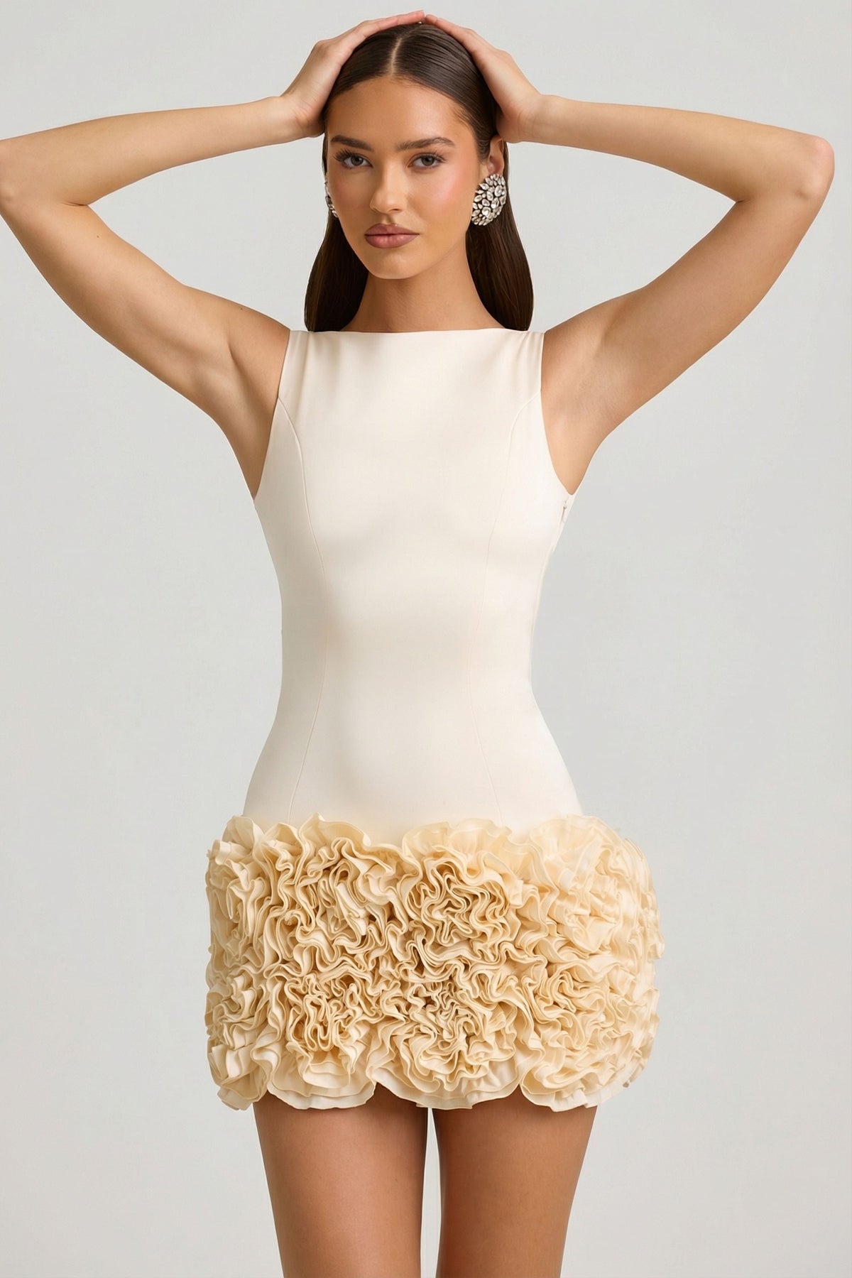 Chic Satin Floral Appliqué Open-Back Mini Dress in Ivory