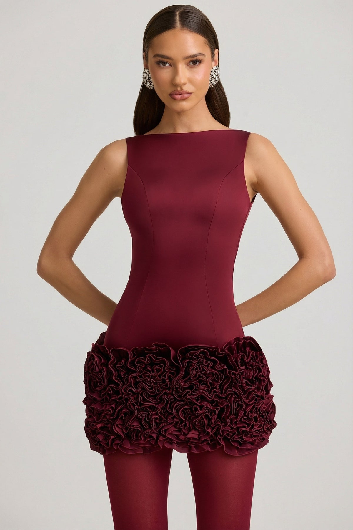 Chic Satin Floral Appliqué Open-Back Mini Dress in Wine Red