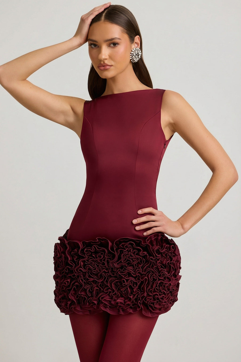 Chic Satin Floral Appliqué Open-Back Mini Dress in Wine Red