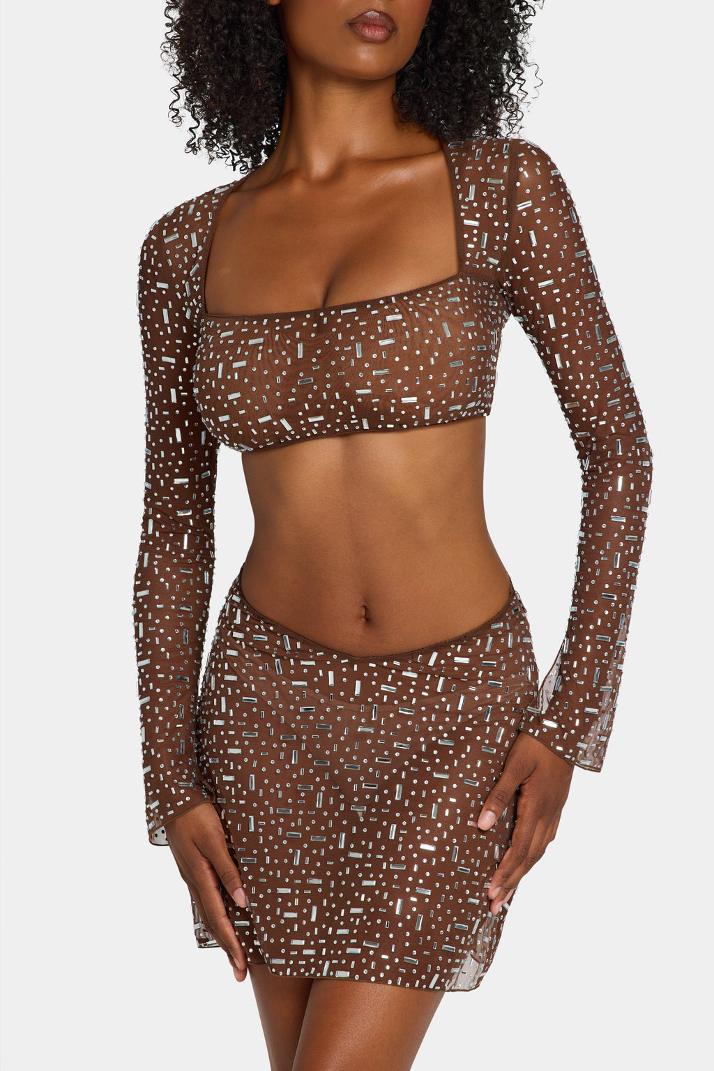 Chic Sheer Embellished Long Sleeve Crop Top in Deep Cocoa
