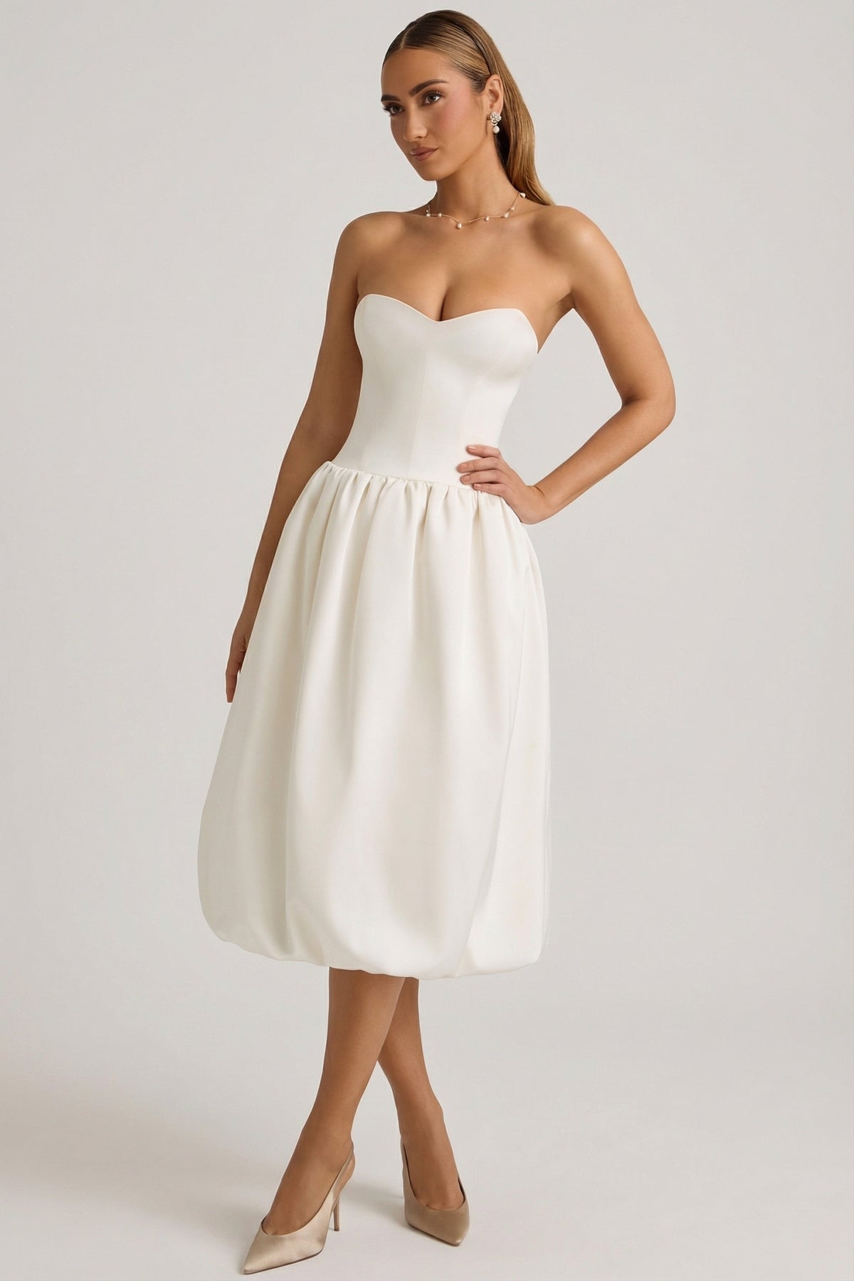 Chic Convertible Bow-Detail Bubble Hem Midaxi Dress in Ivory