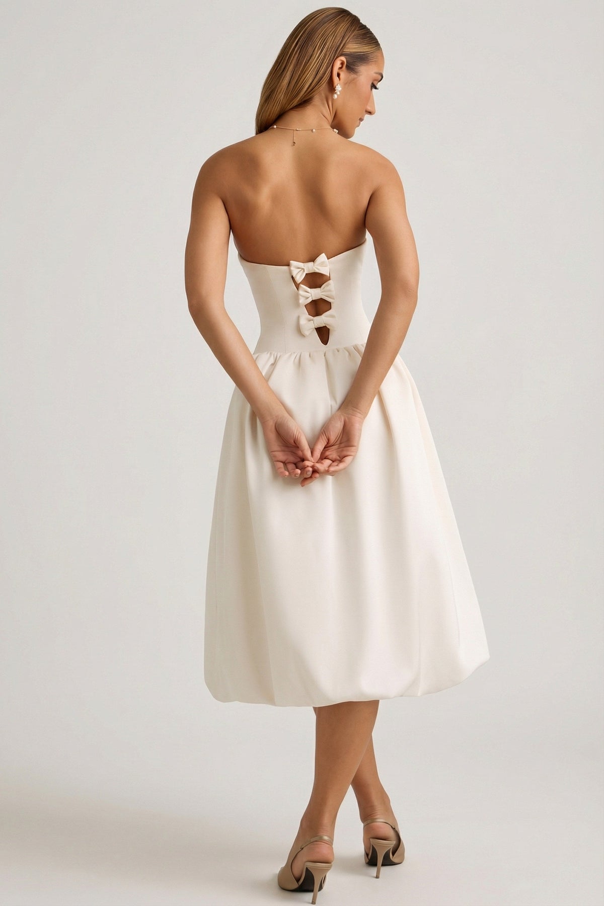 Chic Convertible Bow-Detail Bubble Hem Midaxi Dress in Ivory