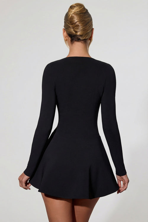 Chic Bow-Detail Plunge-Neck A-Line Mini Dress in Black