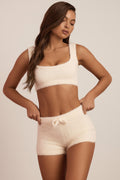 Chic Fluffy Knit Mid-Rise Mini Shorts in Ivory