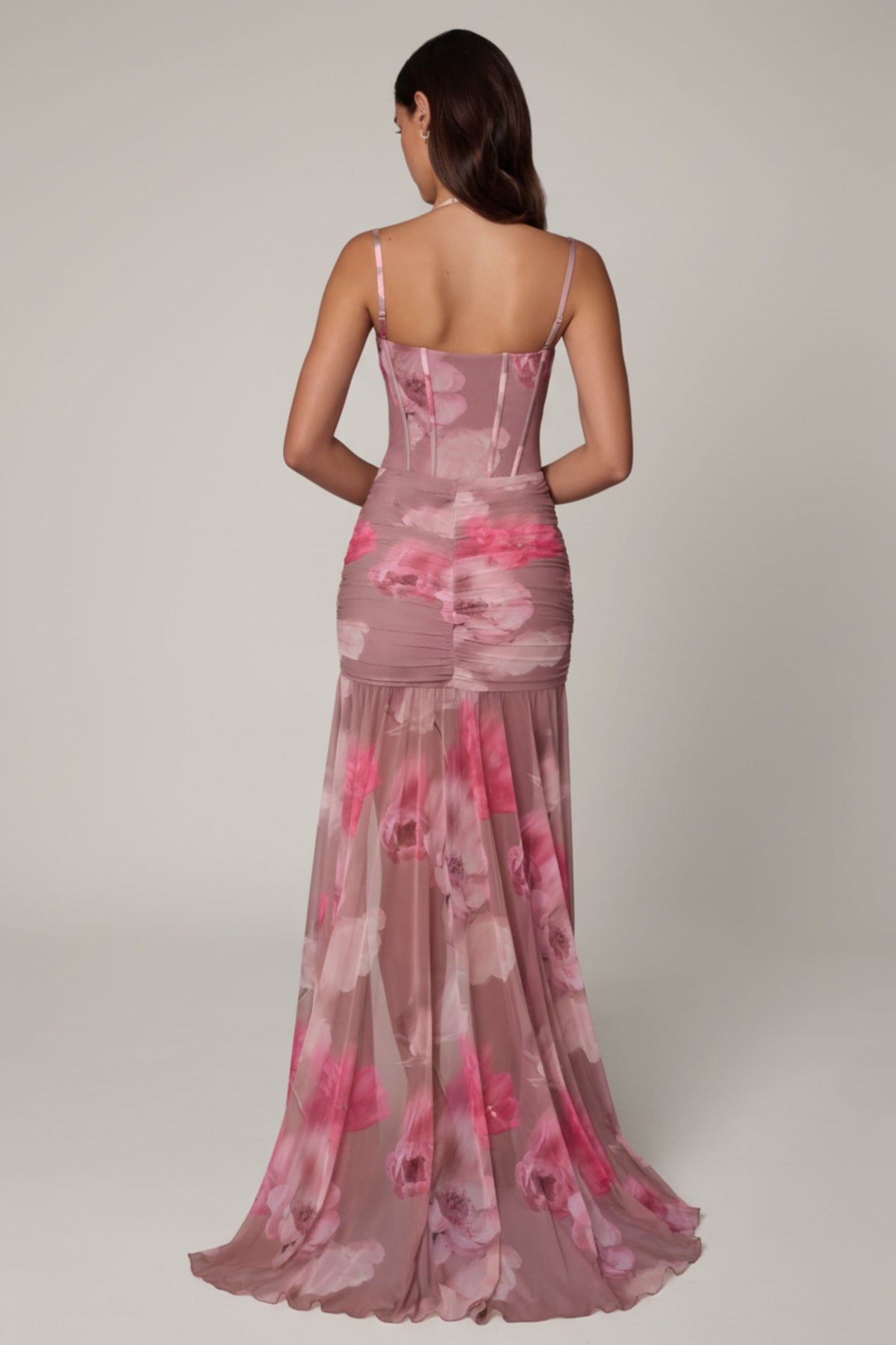 Chic Ruched Asymmetric Corset Gown in Blurred Floral