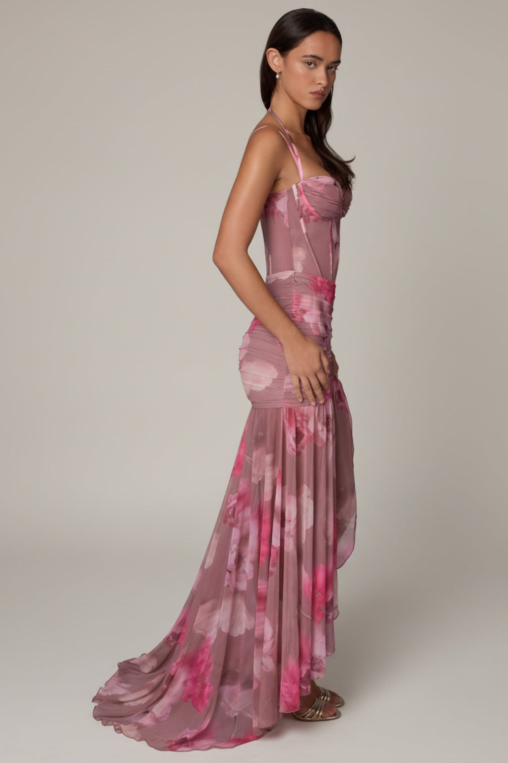 Chic Ruched Asymmetric Corset Gown in Blurred Floral