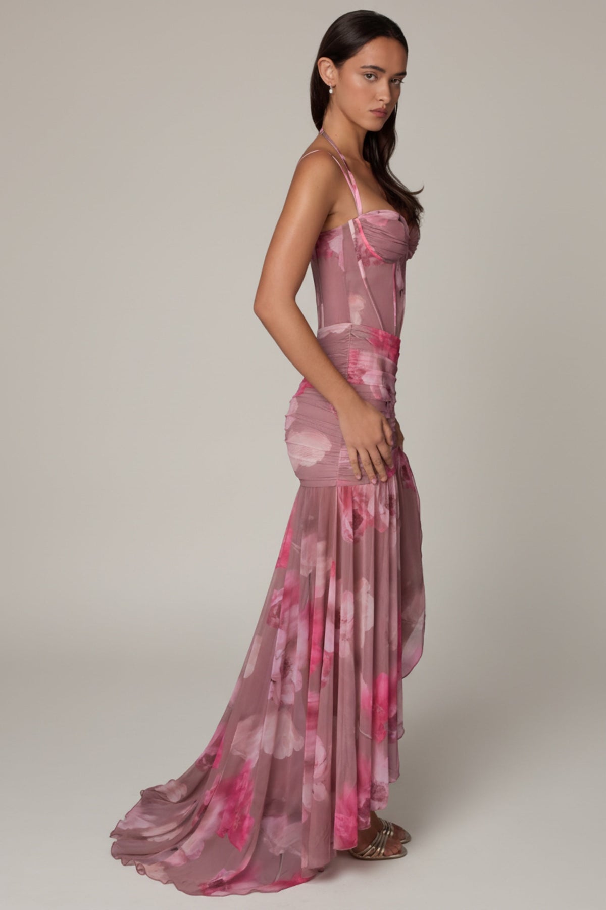 Chic Ruched Asymmetric Corset Gown in Blurred Floral