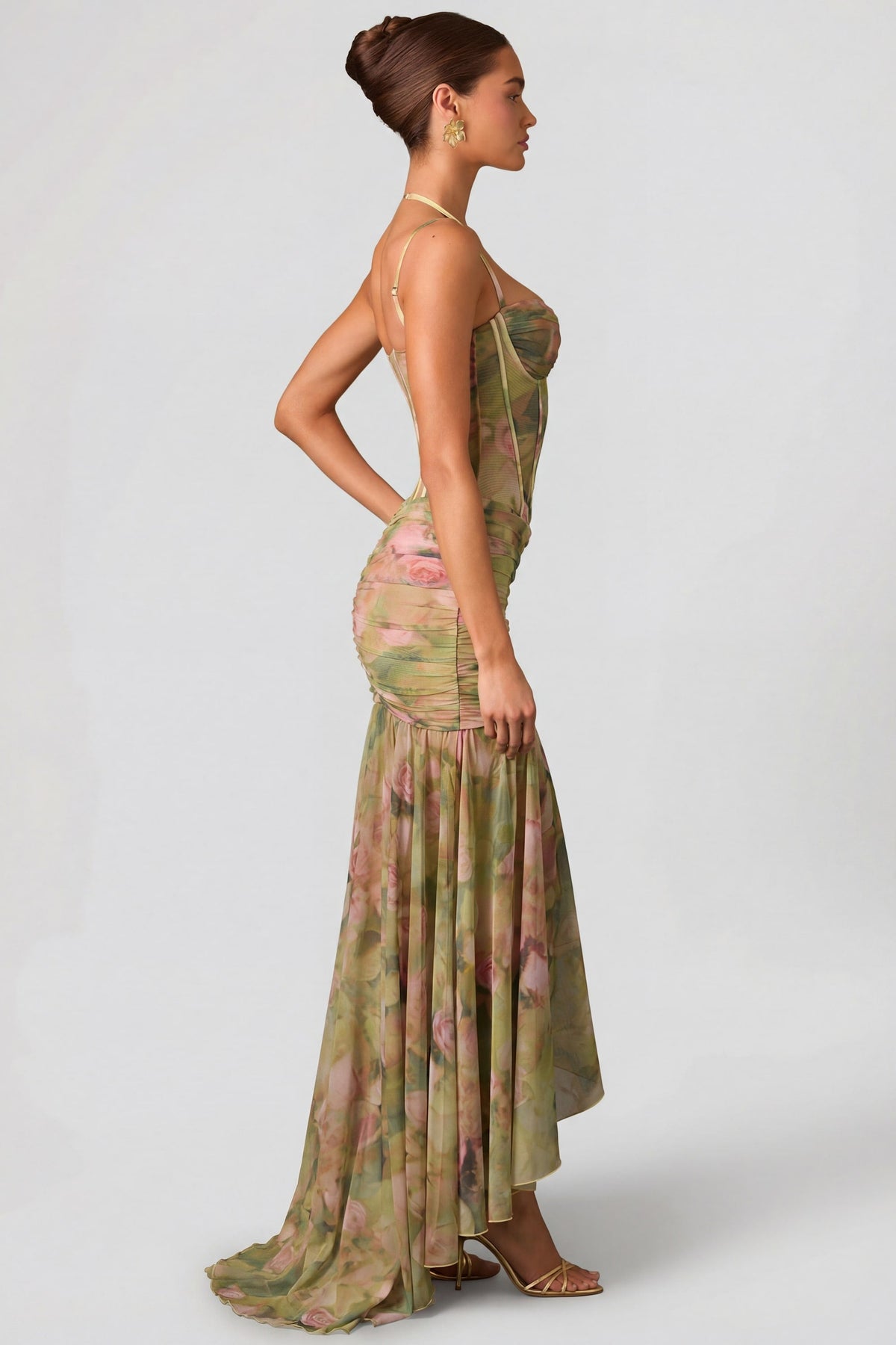 Chic Ruched Asymmetric Corset Gown in Floral Multi Print