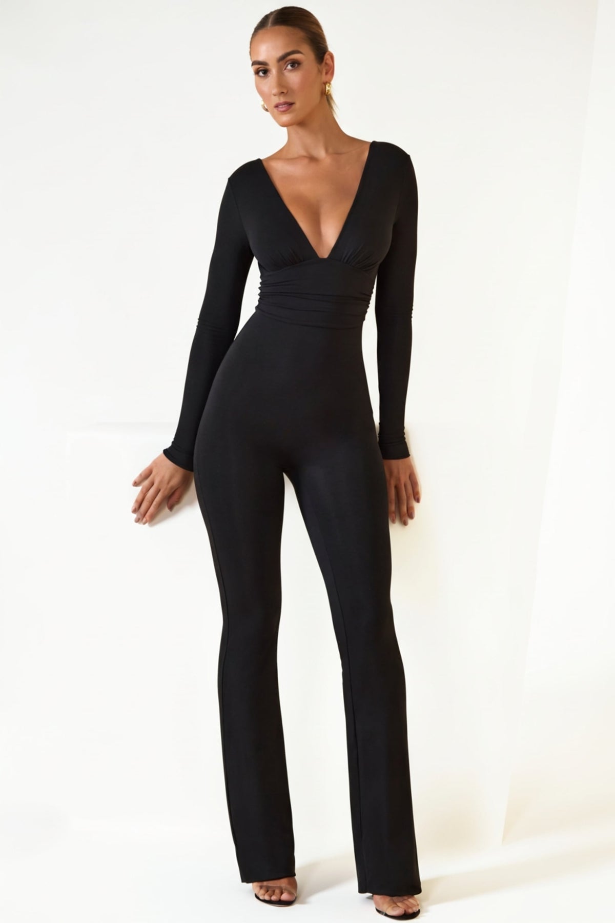 Chic Modal Ruched Plunge Flared Jumpsuit in Black