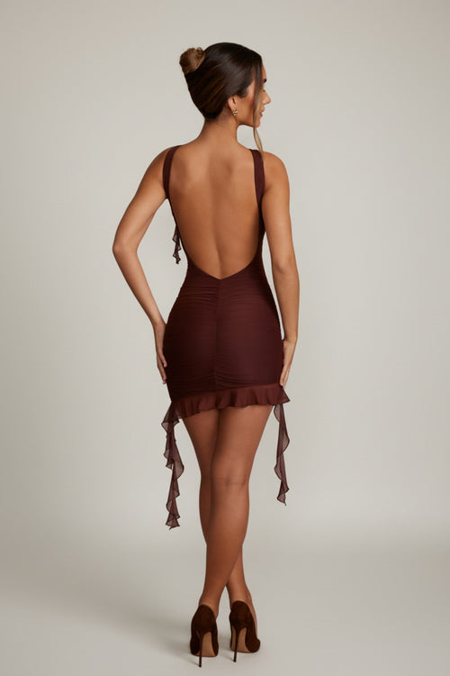 Chic Backless Ruffle Detailing Mini Dress in Brown