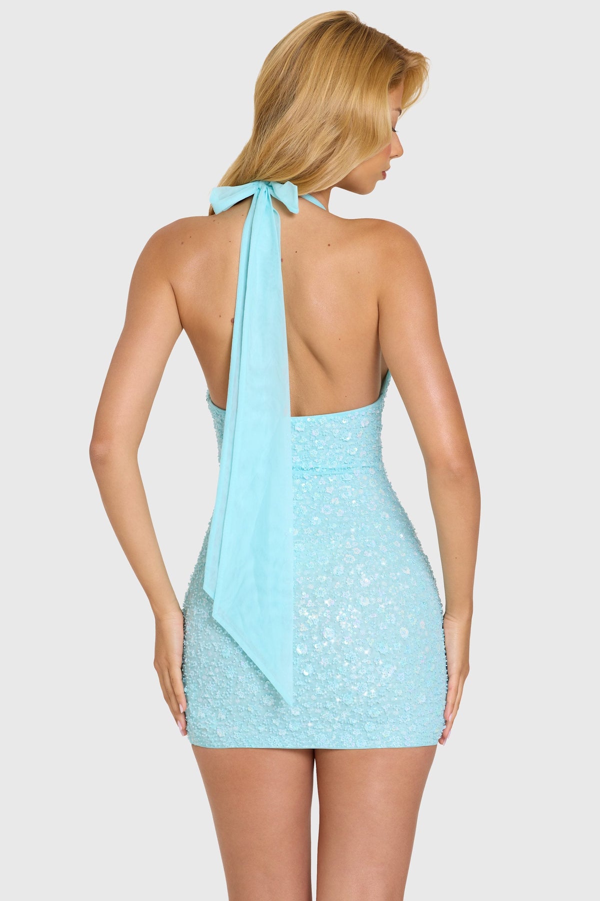 Chic Embellished Mini Dress in Aqua