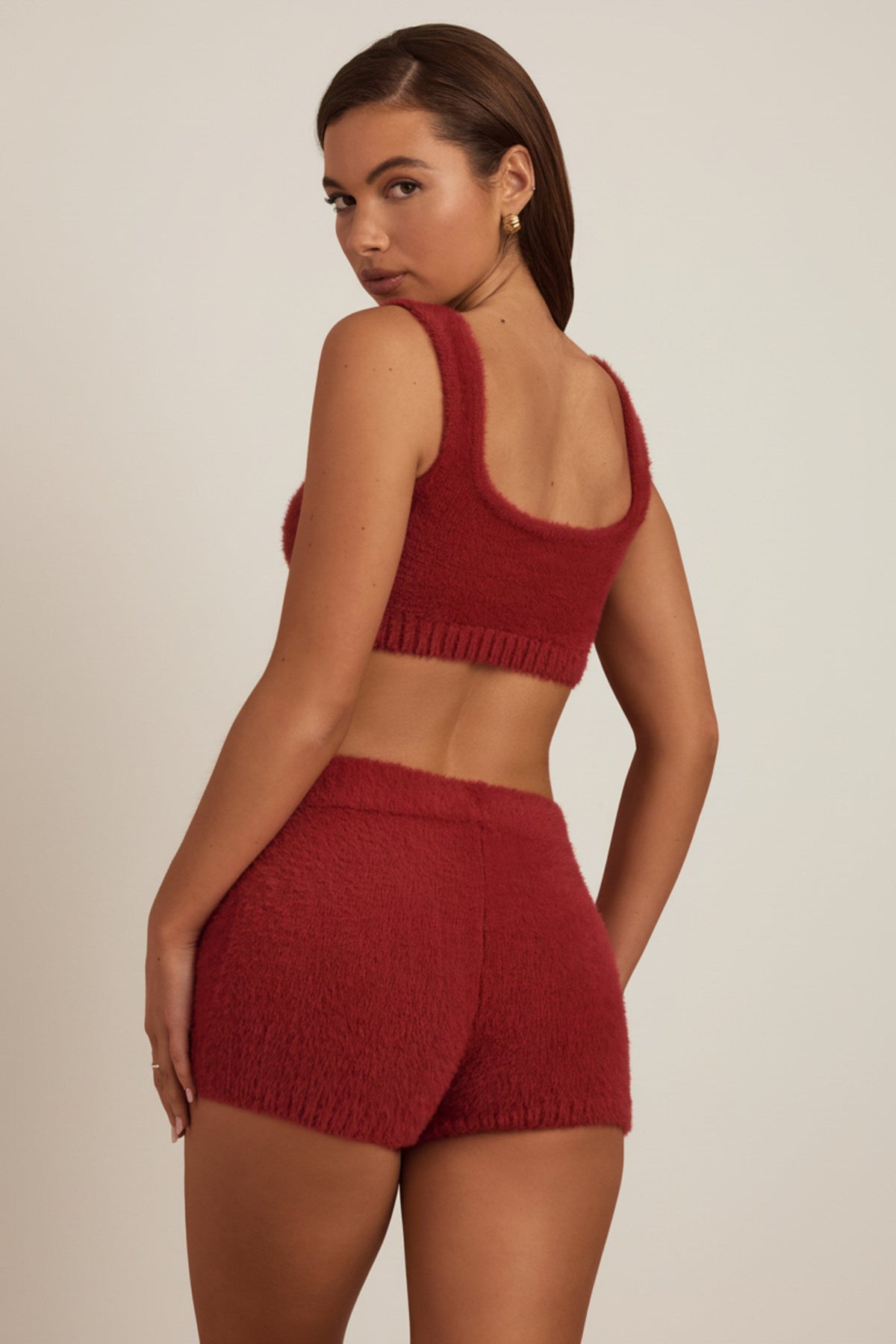 Chic Fluffy Knit Scoop-Neck Bralette in Ruby Red