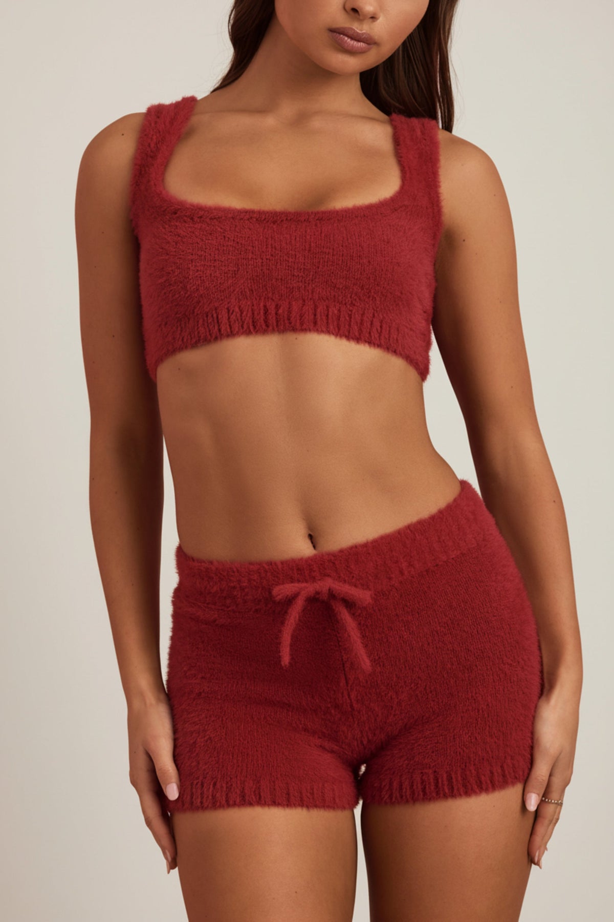 Chic Fluffy Knit Scoop-Neck Bralette in Ruby Red