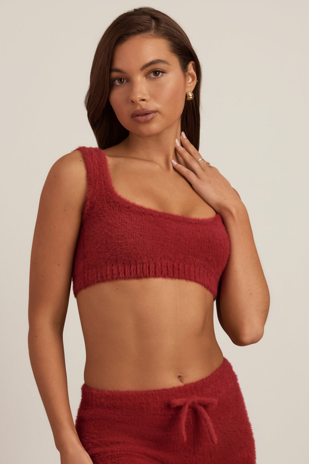 Chic Fluffy Knit Scoop-Neck Bralette in Ruby Red