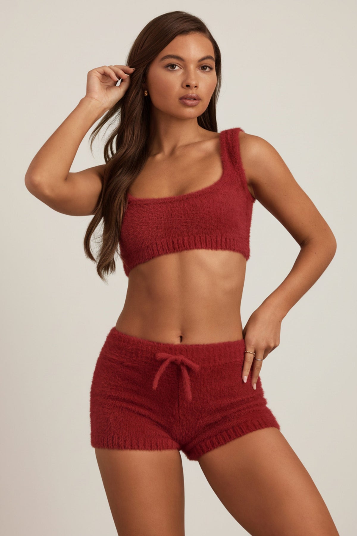 Chic Fluffy Knit Scoop-Neck Bralette in Ruby Red
