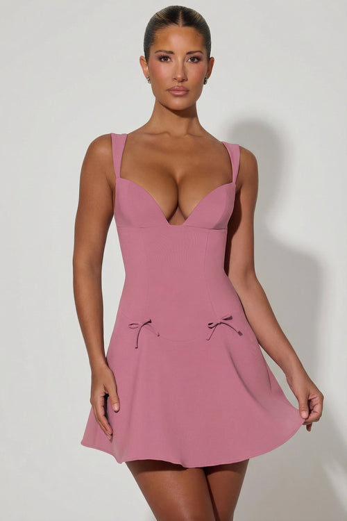Chic Bow-Detail A-Line Mini Dress in Dusty Pink