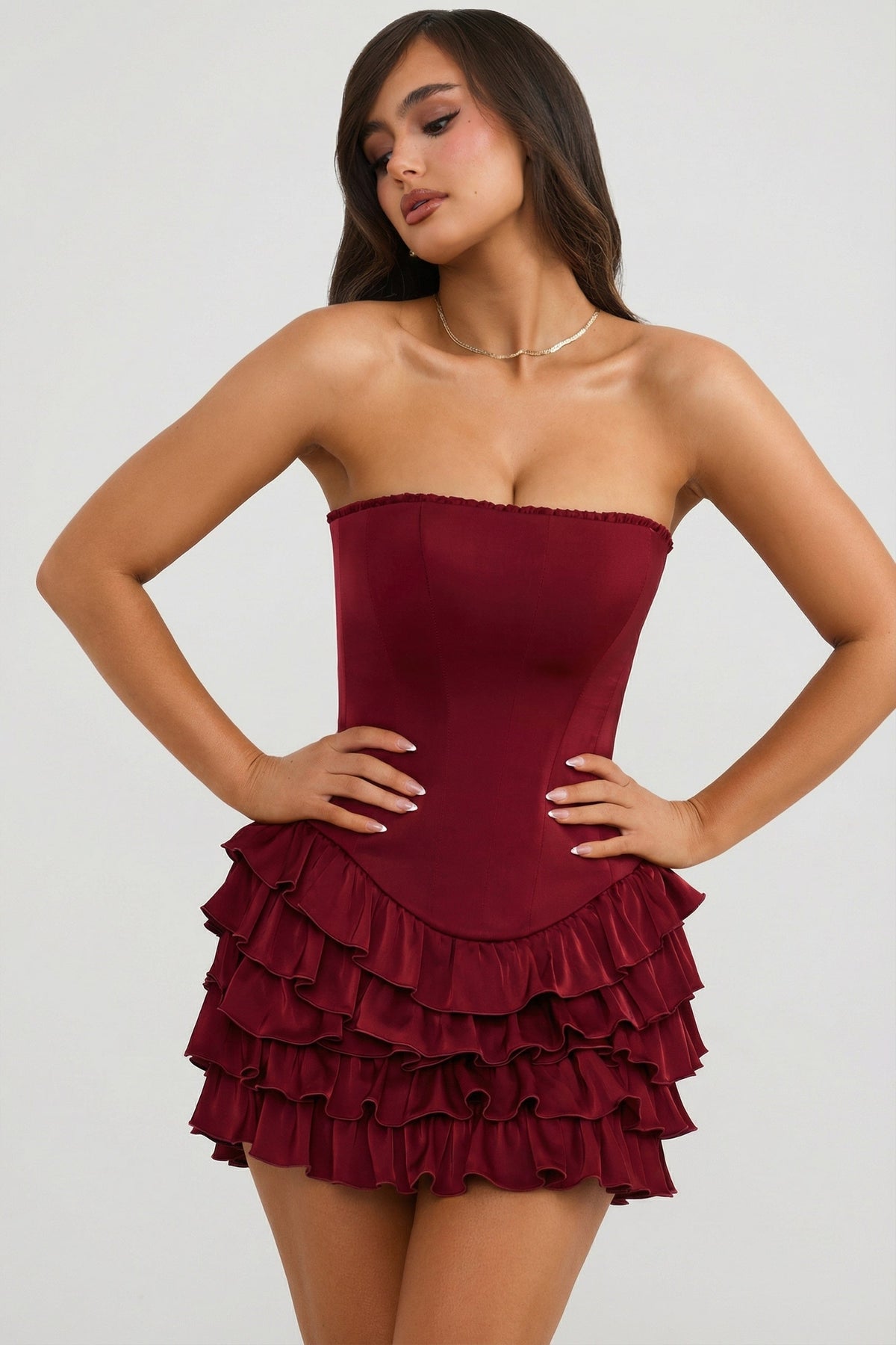 Chic Bandeau Ruffled Tiered Corset Mini Dress in Berry Red