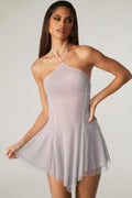 Chic Embellished Lace Up Back Mini Dress in Silver