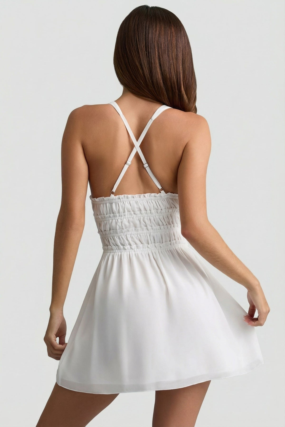 Chic Plunge Cross-Back Mini Dress in White