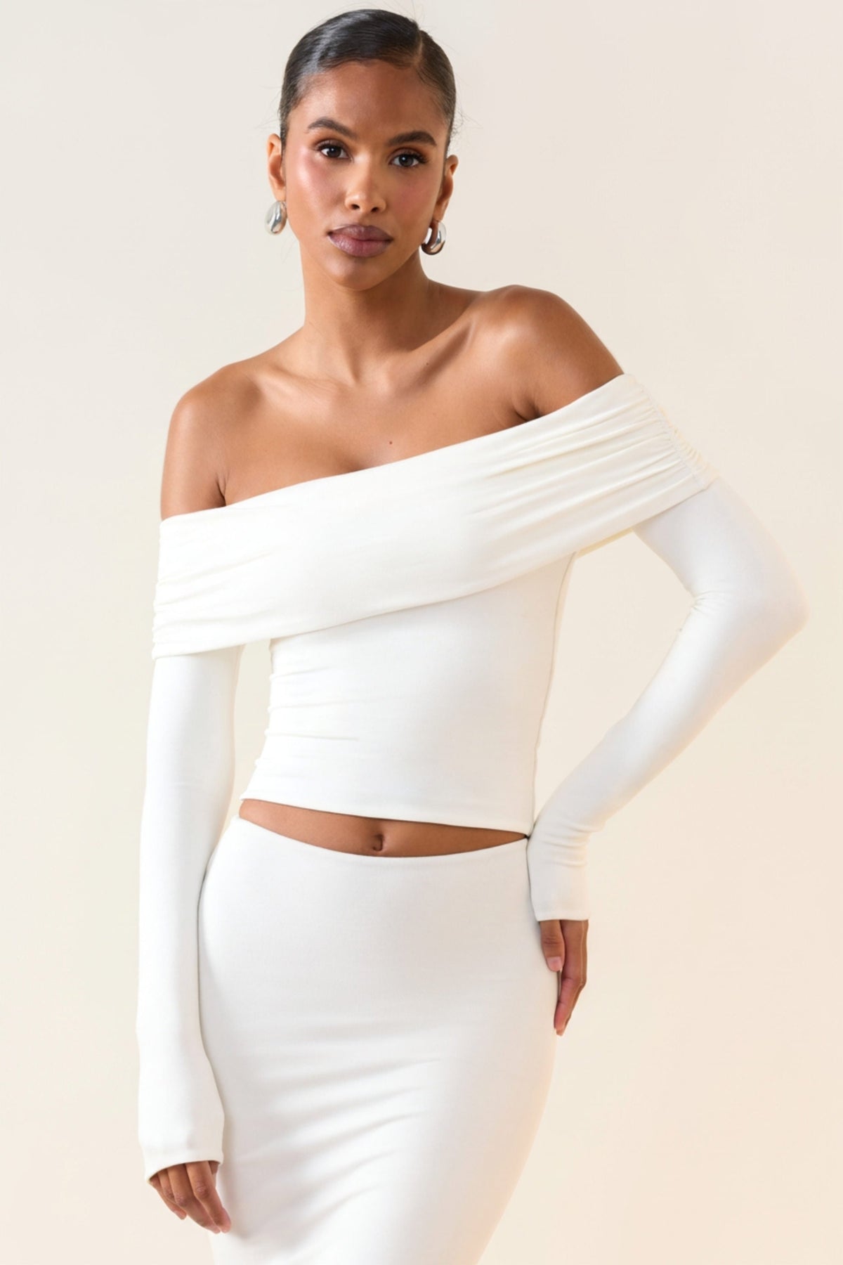 Chic Modal Off-Shoulder Long-Sleeve Top in White