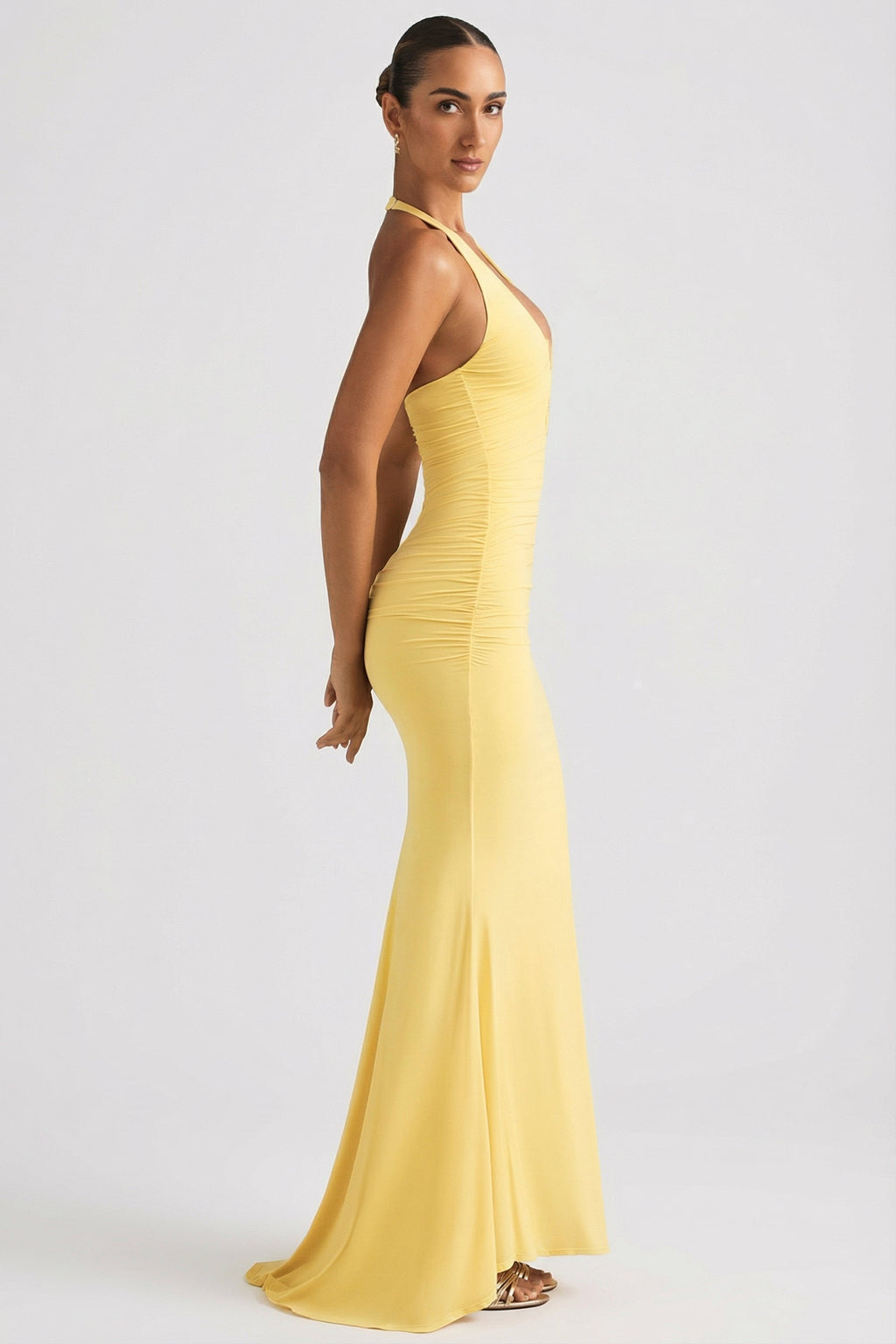Chic Ruched Backless Halterneck Gown in Pastel Yellow