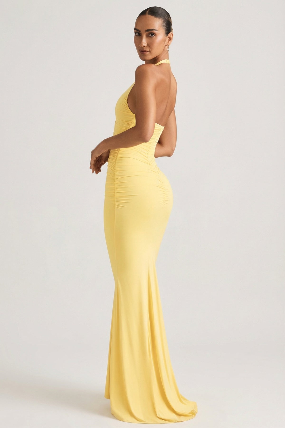 Chic Ruched Backless Halterneck Gown in Pastel Yellow